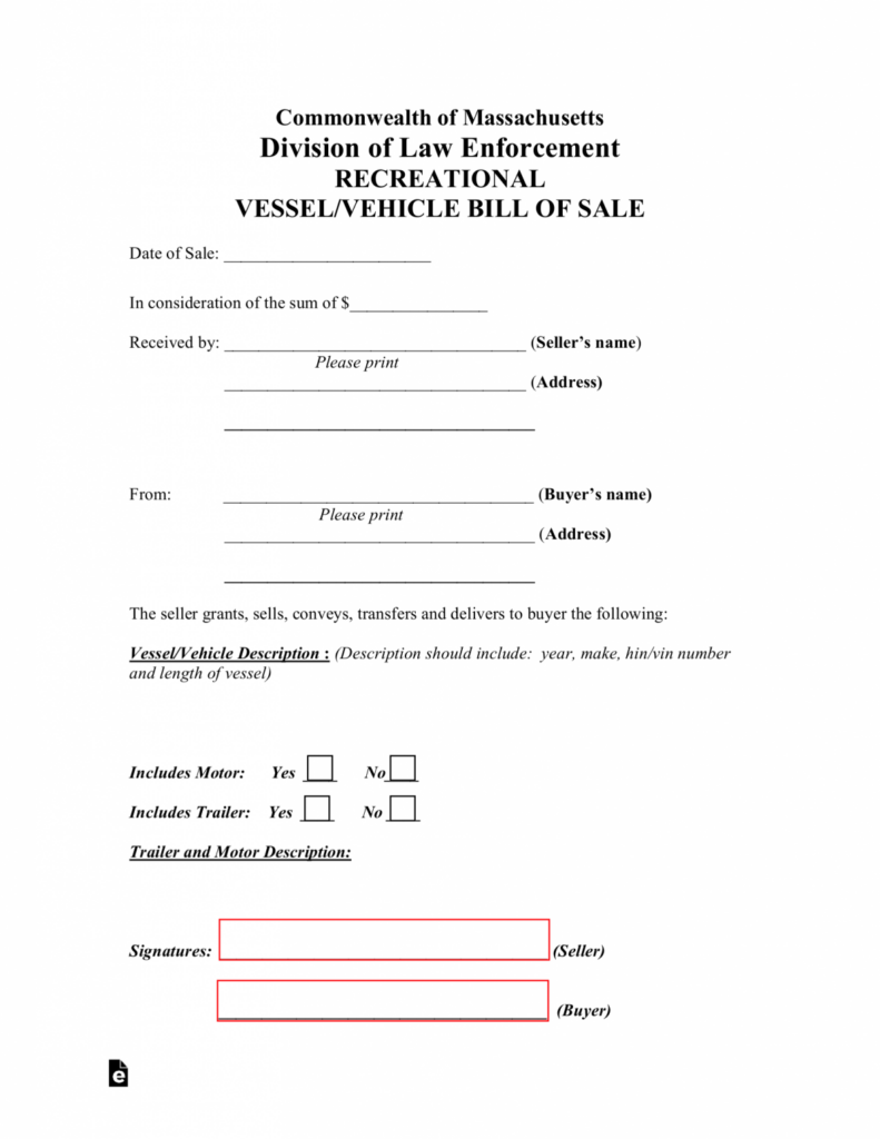 Free Massachusetts Vehicle Boat Bill Of Sale Form PDF EForms