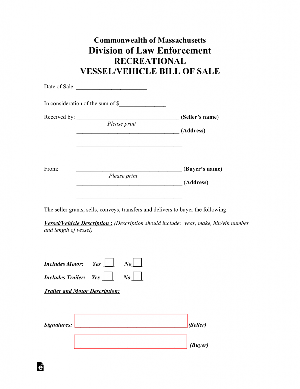 Free Massachusetts Vehicle Boat Bill Of Sale Form PDF EForms