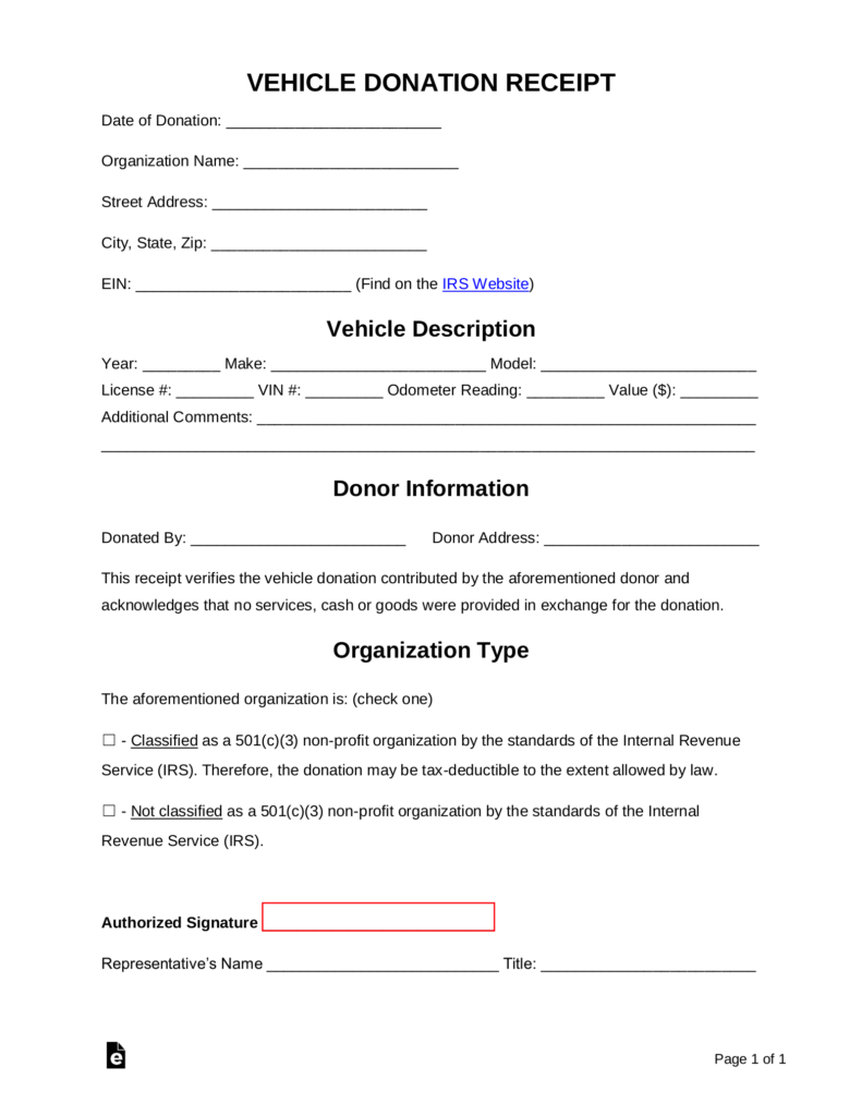 Free Vehicle Donation Receipt Template Sample PDF Word EForms