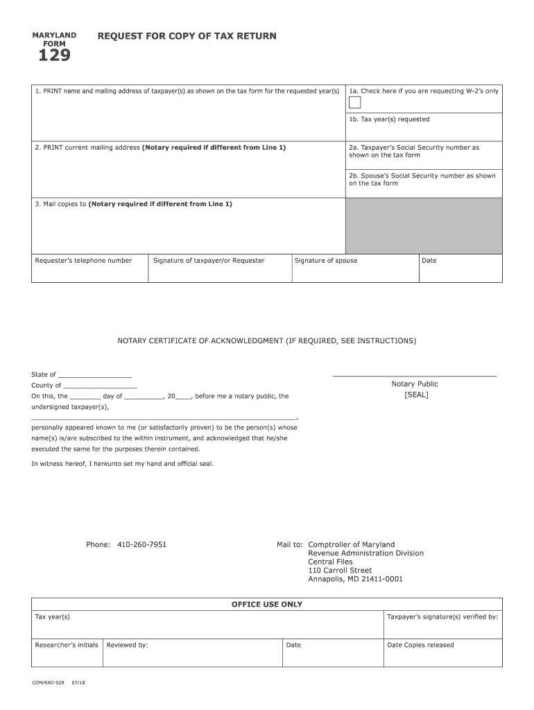 Form 129 Maryland Taxes Comptroller Of Maryland Form 2018 Fill Out 