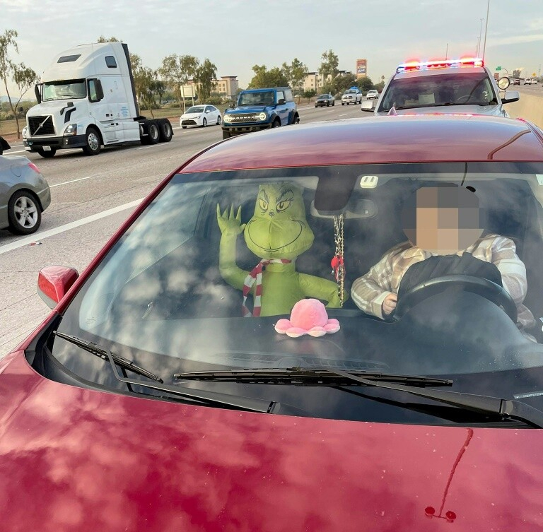 He Uses An Inflatable Grinch To Ride In A Carpool Lane Car Fule