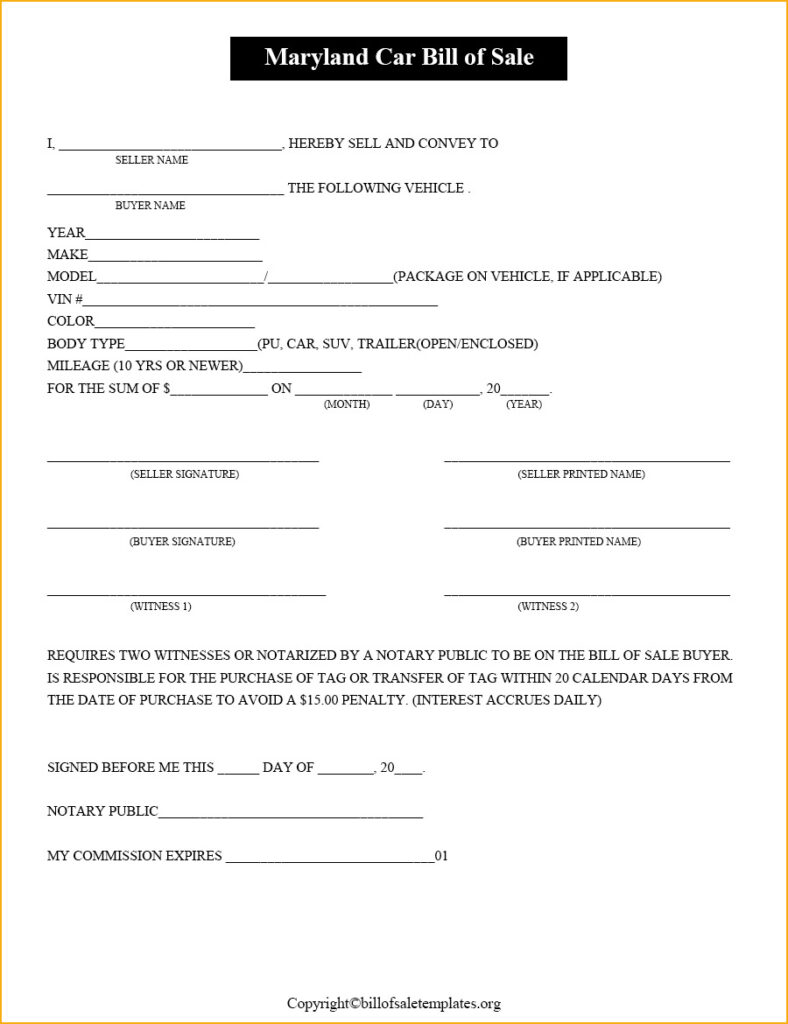 Maryland Bill Of Sale Form For General Car DMV PDF 